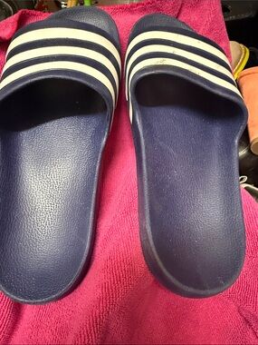 Adidas Navy Slide Sandals with White Stripes